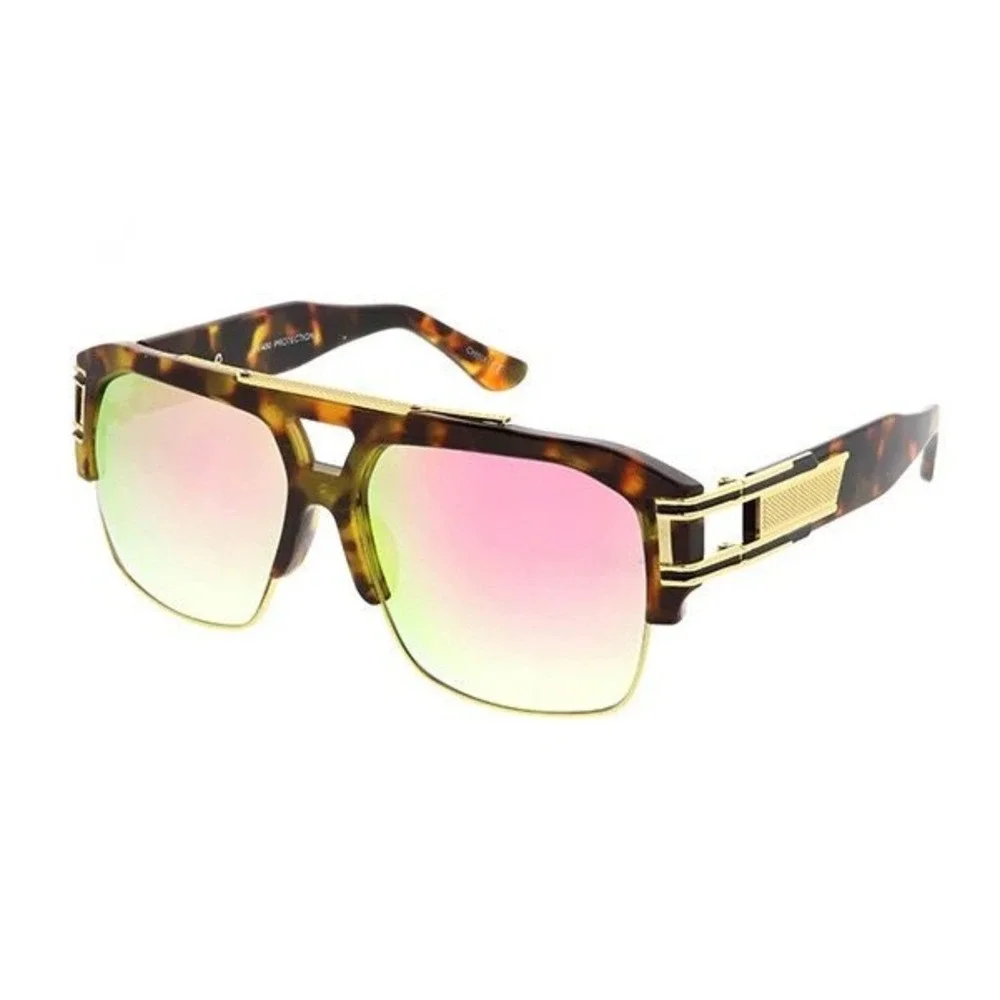 Mens Oversized Tortoise Gold Square‎ Sunglasses Pink Mirror Lens UV400 Hip Hop